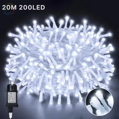 Fényfüzér 20m hideg fehér 200 LED 8 fénymód kültéri/beltéri