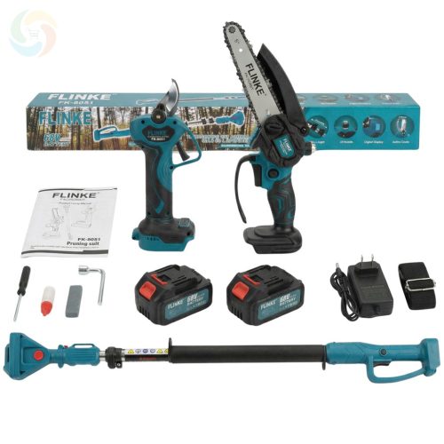 Flinke Magassági Ágvágó Láncfűrész és Metszőolló Teleszkópos Nyéllel 2db 68V Akkuval FK-8051