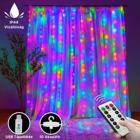   Távirányítós Micro LED Fényfüggöny USB 2x2m színes 8 fénymód kültéri/beltéri