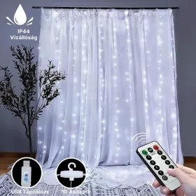   Távirányítós Micro LED Fényfüggöny USB 3x2m hideg fehér 8 fénymód kültéri/beltéri