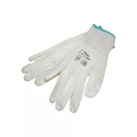   Kötött kesztyű fehér nylon, XL-es méret, 10' poliuretánba mártott teny. és ujjhegy., gumírozott mandzsetta
