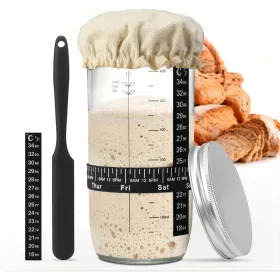   Kovászos Kezdőkészlet, 24oz Üvegedény Dátummal Jelölt Adagolószalaggal, Hőmérővel, Szövethuzattal És Fém Fedéllel