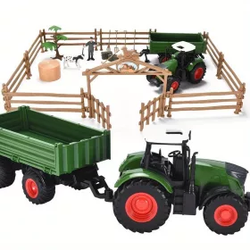 Zöld traktor és pótkocsi játékkészlet farmer kocsival