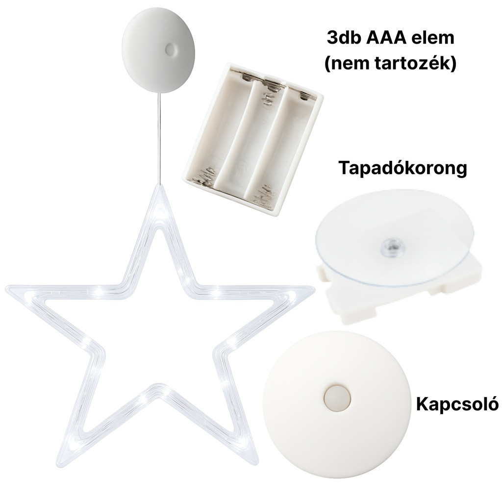 LED Csillag Ablakdísz elemes 20 cm hideg fehér kültéri/beltéri LED Csillag Ablakdísz elemes 20 cm hideg fehér kültéri/beltéri