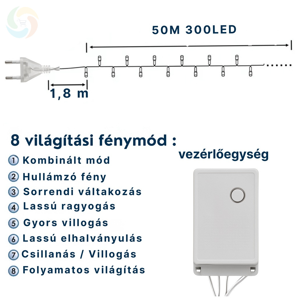 Minigömb Fényfüzér 8 fénymód 50m meleg fehér 320 LED kültéri/beltéri Minigömb Fényfüzér 8 fénymód 50m meleg fehér 320 LED kültéri/beltéri